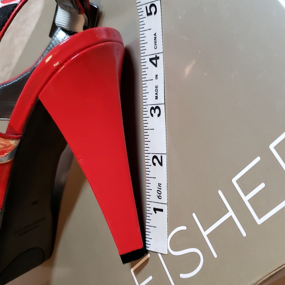 Marc Fisher Red Patent Leather/Floral Fabric Stiletto Sandals Sz 8 - Picture 9 of 11